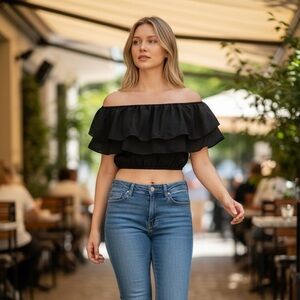 Black flow fancy crop top over the shoulder or square neckline style